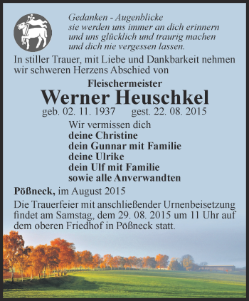 Traueranzeige von Werner Heuschkel von Ostthüringer Zeitung