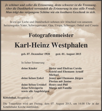 Traueranzeige von Karl-Heinz Westphalen von Thüringer Allgemeine, Thüringische Landeszeitung