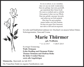 Traueranzeige von Marie Thürmer von Thüringer Allgemeine, Thüringische Landeszeitung