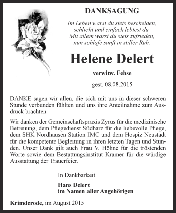 Traueranzeige von Helene Delert von Thüringer Allgemeine