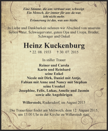 Traueranzeige von Heinz Kuckenburg von Thüringer Allgemeine, Thüringische Landeszeitung