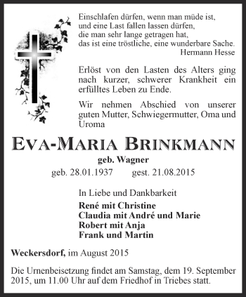 Traueranzeige von Eva-Maria Brinkmann von Ostthüringer Zeitung