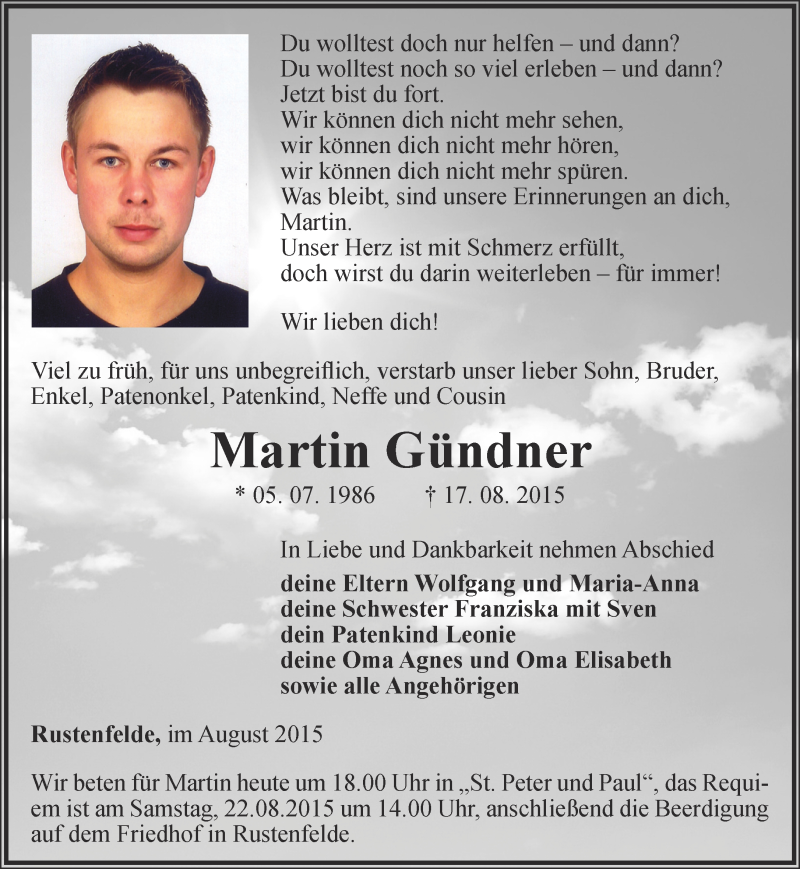  Traueranzeige für Martin Gündner vom 21.08.2015 aus Thüringer Allgemeine