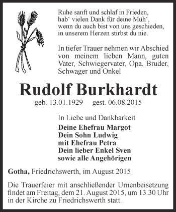 Traueranzeige von Rudolf Burkhardt von Ostthüringer Zeitung, Thüringische Landeszeitung