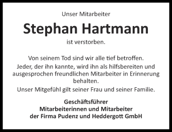 Traueranzeige von Stephan Hartmann von Thüringer Allgemeine