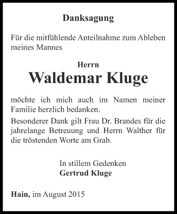 Traueranzeige von Waldemar Kluge von Ostthüringer Zeitung