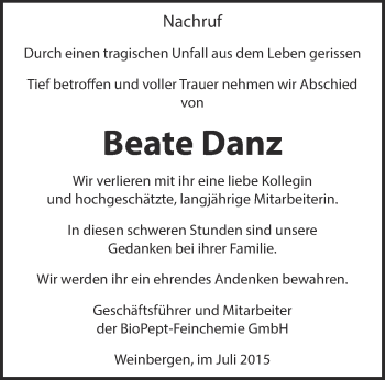 Traueranzeige von Beate Danz von Thüringer Allgemeine, Thüringische Landeszeitung