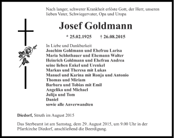 Traueranzeige von Josef Goldmann von Thüringer Allgemeine, Thüringische Landeszeitung