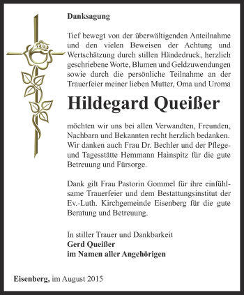 Traueranzeige von Hildegard Queißer    von Ostthüringer Zeitung
