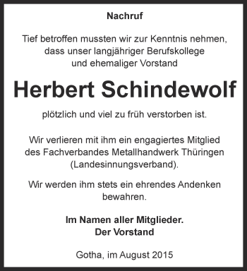 Traueranzeige von Herbert Schindewolf von Thüringer Allgemeine