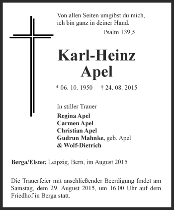 Traueranzeige von Karl-Heinz Apel von Ostthüringer Zeitung
