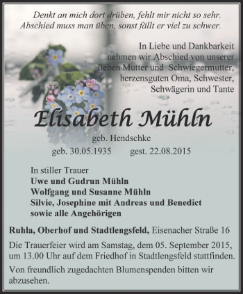 Traueranzeige von Elisabeth Mühln von Thüringer Allgemeine, Thüringische Landeszeitung