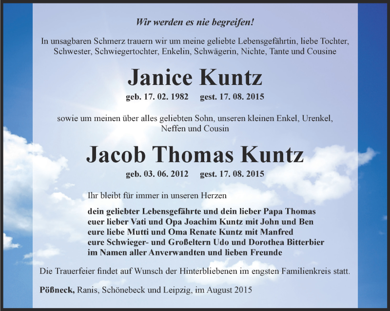  Traueranzeige für Janice und Jacob Thomas Kuntz vom 29.08.2015 aus Ostthüringer Zeitung