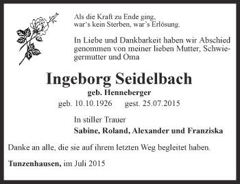 Traueranzeige von Ingeborg Seidelbach von Thüringer Allgemeine