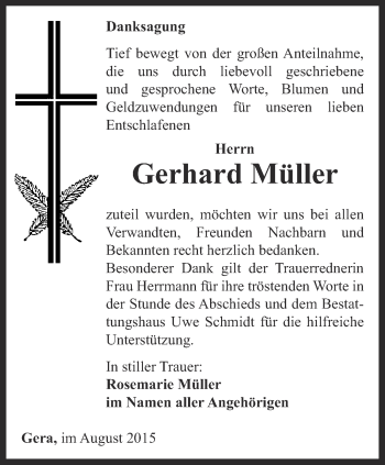 Traueranzeige von Gerhard Müller von Ostthüringer Zeitung