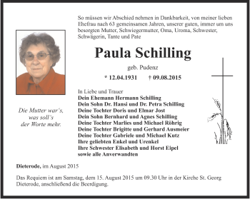 Traueranzeige von Paula Schilling von Thüringer Allgemeine