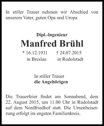 Traueranzeige von Manfred Brühl von Ostthüringer Zeitung