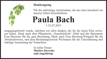 Traueranzeige von Paula Bach von Thüringer Allgemeine