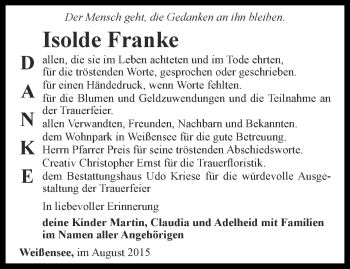 Traueranzeige von Isolde Franke von Thüringer Allgemeine