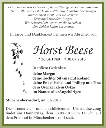 Traueranzeige von Horst Beese von Ostthüringer Zeitung