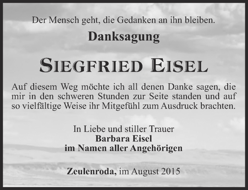  Traueranzeige für Siegfried Eisel vom 29.08.2015 aus Ostthüringer Zeitung