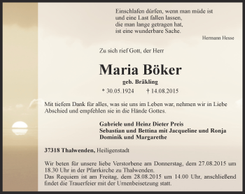 Traueranzeige von Maria Böker von Thüringer Allgemeine