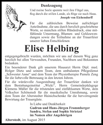 Traueranzeige von Elise Helbing von Thüringer Allgemeine, Thüringische Landeszeitung