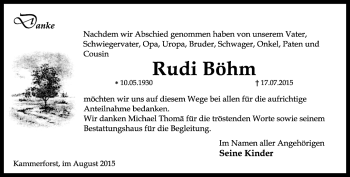 Traueranzeige von Rudi Böhm von Thüringer Allgemeine, Thüringische Landeszeitung