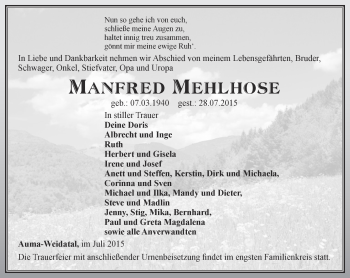 Traueranzeige von Manfred Mehlhose von Ostthüringer Zeitung