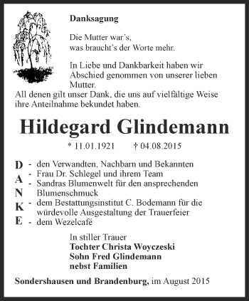 Traueranzeige von Hildegard Glindemann von Thüringer Allgemeine