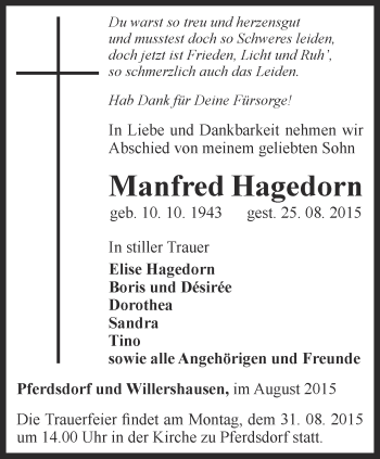 Traueranzeige von Manfred Hagedorn von Thüringer Allgemeine, Thüringische Landeszeitung