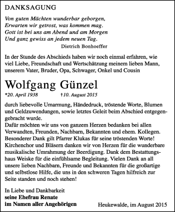 Traueranzeige von Wolfgang Günzel von Ostthüringer Zeitung