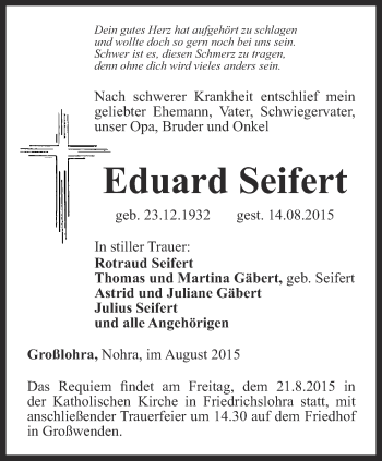 Traueranzeige von Eduard Seifert von Thüringer Allgemeine