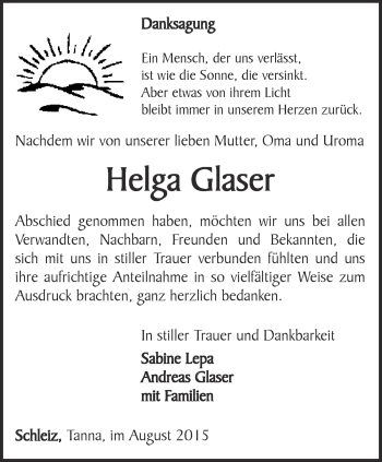 Traueranzeige von Helga Glaser von Ostthüringer Zeitung