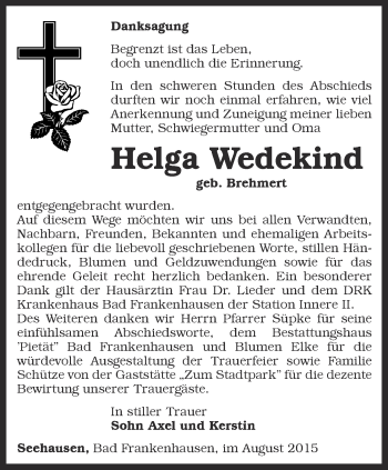 Traueranzeige von Helga Wedekind von Thüringer Allgemeine