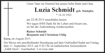 Traueranzeige von Luzia Schmidt von Ostthüringer Zeitung