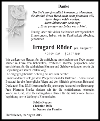 Traueranzeige von Irmgard Röder von Thüringer Allgemeine