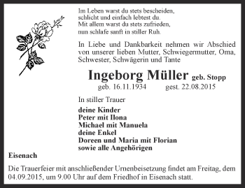 Traueranzeige von Ingeborg Müller von Thüringer Allgemeine, Thüringische Landeszeitung