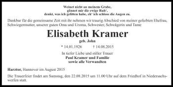 Traueranzeige von Elisabeth Kramer von Thüringer Allgemeine