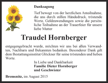 Traueranzeige von Traudel Hornberger von Ostthüringer Zeitung