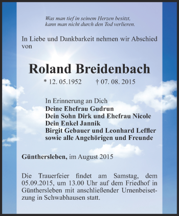 Traueranzeige von Roland Breidenbach von Ostthüringer Zeitung, Thüringische Landeszeitung