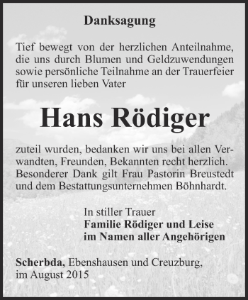 Traueranzeige von Hans Rödiger von Thüringer Allgemeine, Thüringische Landeszeitung
