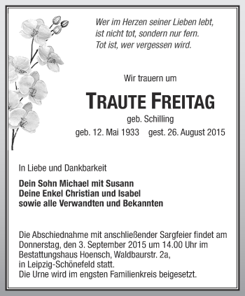 Traueranzeige von Traute Freitag von Ostthüringer Zeitung