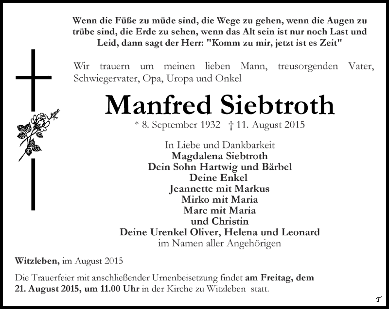  Traueranzeige für Manfred Siebroth vom 15.08.2015 aus Thüringer Allgemeine