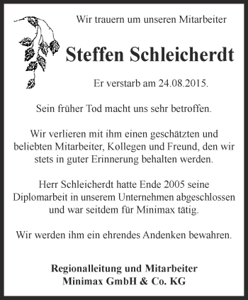 Traueranzeige von Steffen Schleicherdt von Ostthüringer Zeitung, Thüringische Landeszeitung