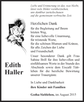 Traueranzeige von Edith Haller von Ostthüringer Zeitung, Thüringische Landeszeitung