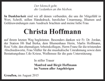 Traueranzeige von Christa Hoffmann von Thüringer Allgemeine
