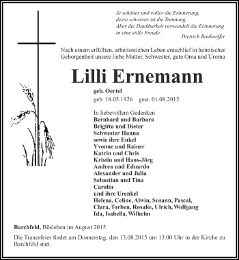 Traueranzeige von Lilli Ernemann von Thüringer Allgemeine, Thüringische Landeszeitung
