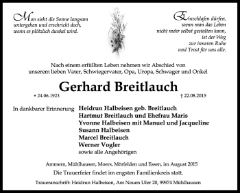 Traueranzeige von Gerhard Breitlauch von Thüringer Allgemeine, Thüringische Landeszeitung