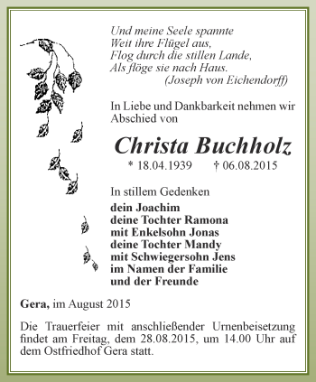 Traueranzeige von Christa Buchholz von Ostthüringer Zeitung